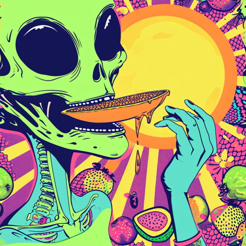 Alien eating person, bright background Alien eating person, bright background