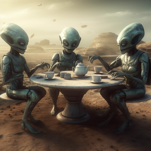 Alien family enjoying tea on Mars