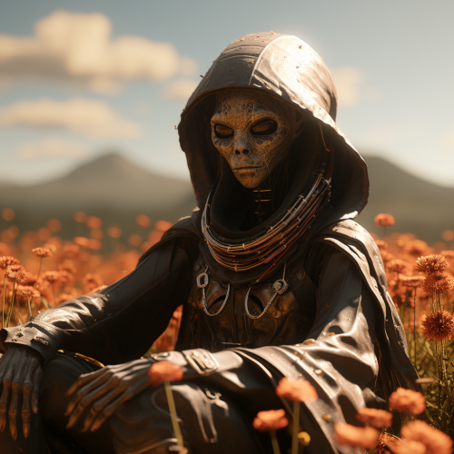 Alien sitting on top of coffin in flower field
