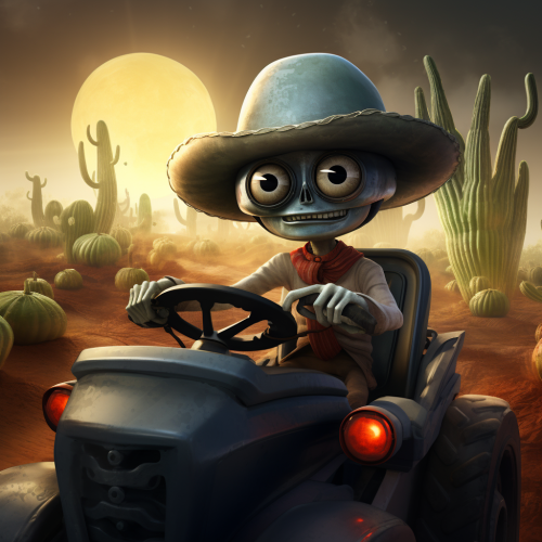 Funny gray alien in sombrero driving tractor