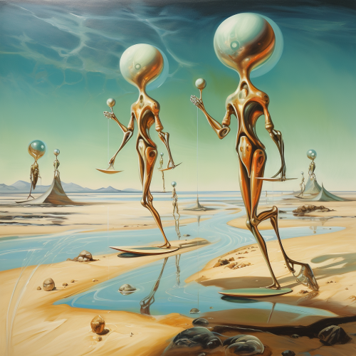 Salvadore Dali painting of alien surfers