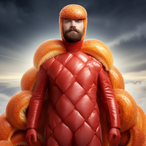 Colourful alien wearing balaclava mask and spacesuit