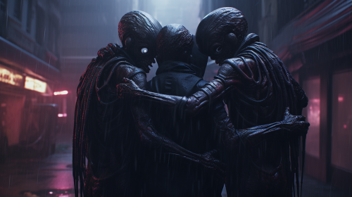 Group of aliens hugging eachother in dystopian cyberpunk setting