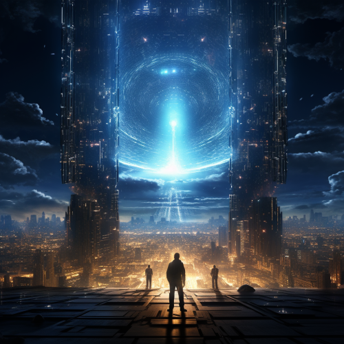 Glowing alpha symbols amidst matrix code