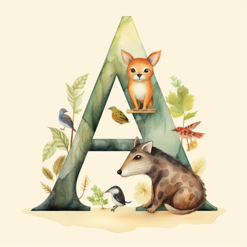 Watercolor alphabet poster with letter A and animal