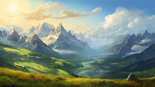 Sunlit Alpine Morning Mist on Mountain Peaks