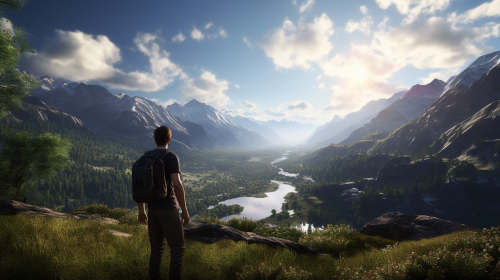 Man enjoying breathtaking alps landscape at sunset