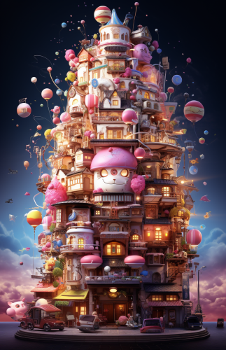 Colorful houses and fancy pens on architectural birthday cake  ??️