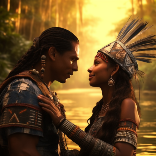 Tribe man and woman meeting in Amazon forest