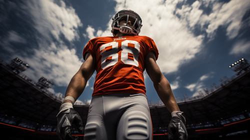 Rear view action shot of American high school football player