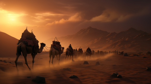 Arab Tribes Migration in Desert with Camels