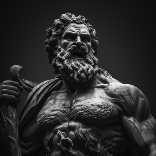 Ancient Greek statue with angry face and sword