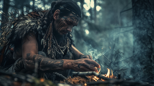 Normadic Warrior Making Fire in Woods