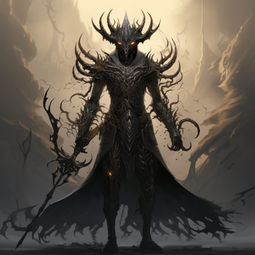 Ancient Primordial Cursed Void Demon King wielding runic weapons