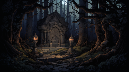 Dark forest shrine in evening