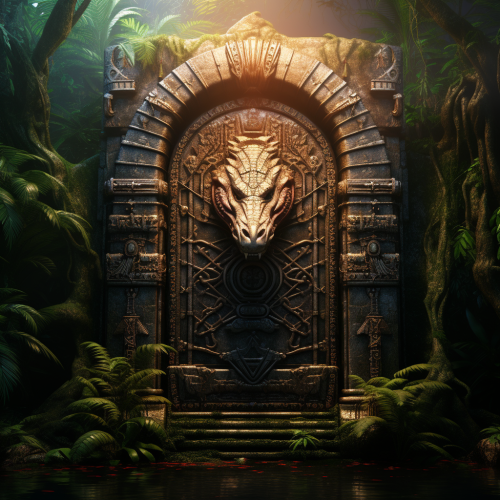 Engraved ancient door with glowing runes Engraved ancient door with glowing runes