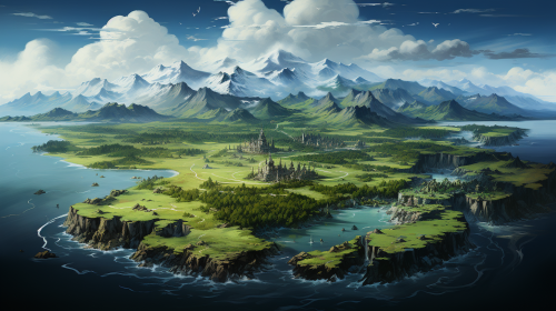 Map of an ancient continent with glaciers, forests, and mountains