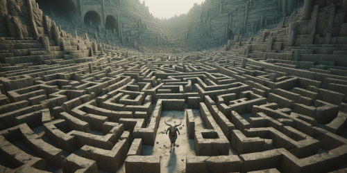 Mysterious ancient labyrinth with distant minotaur