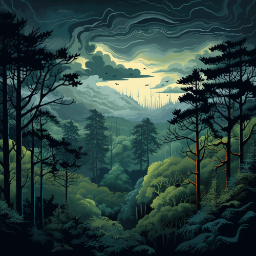 Silhouettes of Trees in Dark Green and Blue