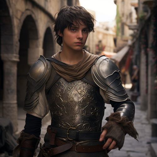 Androgynous Muscular Person in Medieval Street