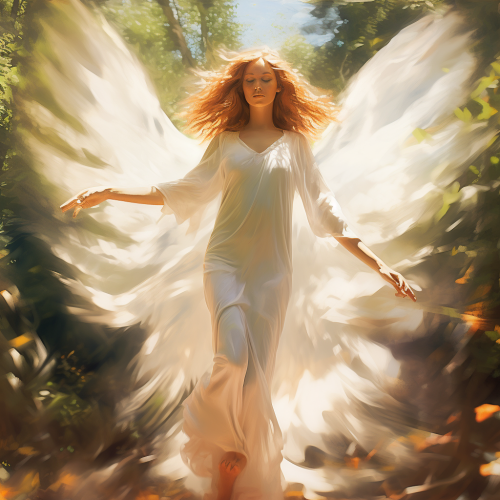 Angelic movement in bright summer forest