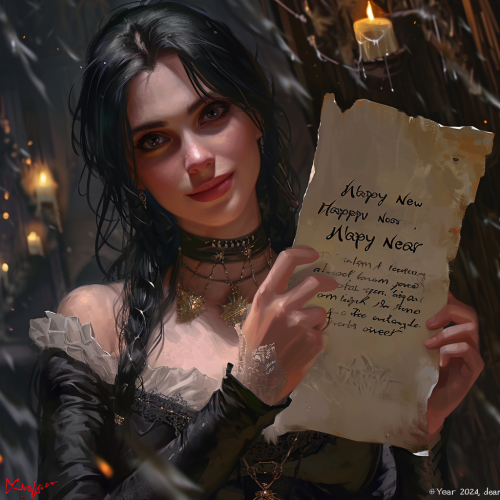 Angelic Yennefer holding a New Year greeting