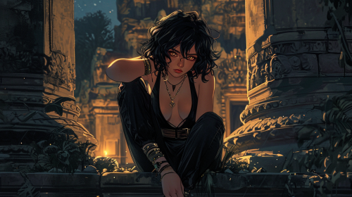 Girl with black jumpsuit sitting on Angkor Watt temple wall