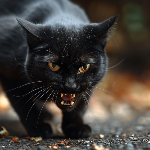 Angry black cat attacking camera