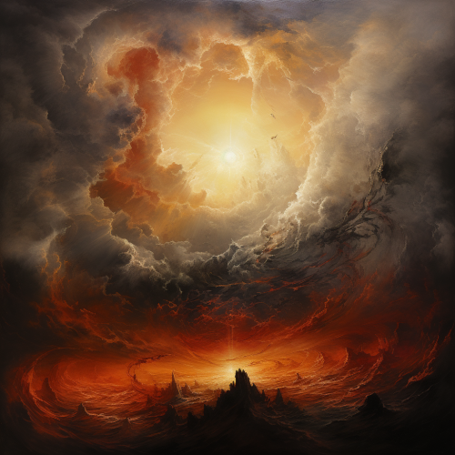 Artistic representation of angry gods with godrays