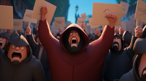 Angry hooded mob protesting with blank signs