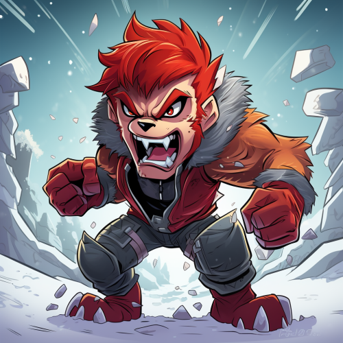 Angry werewolf with red hair in snowy surroundings