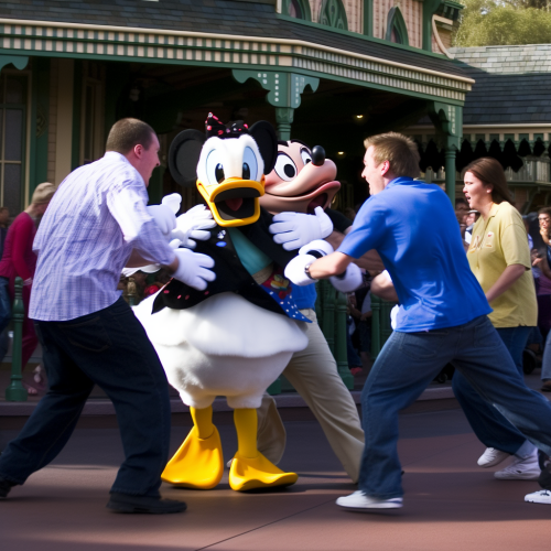Angry people attacking Mickey Mouse and friends  ?