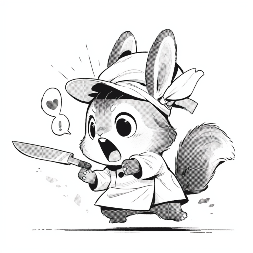 Mad squirrel screaming with kitchen knife