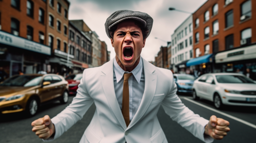 Young man in white suit shouting with fists clenched