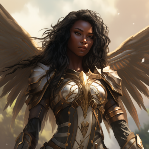 Angry winged paladin with dark skin female