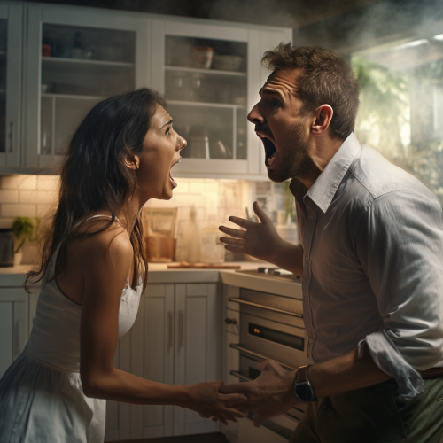 Woman shouting at husband in kitchen