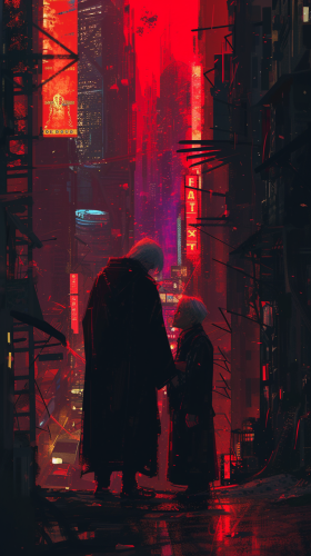 Anime boy helping old lady in dark city