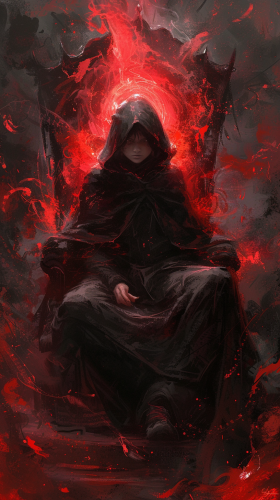 Hooded anime boy on throne with dark energies