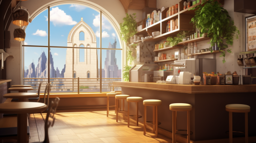Modern arch window in anime coffee shop