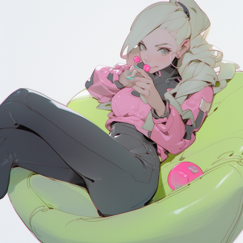 Anime girl on sofa chewing bubble gum