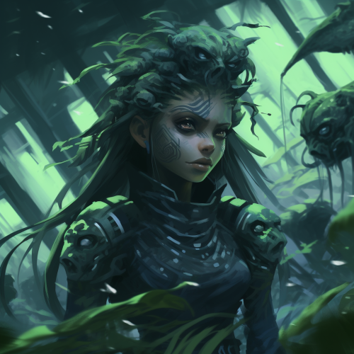 Anime character in action amidst alien jungle.