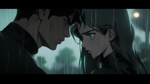 Female Anime Character Looking at Male Anime Character in Rain
