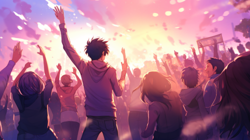 Illustration of people dancing at an anime festival