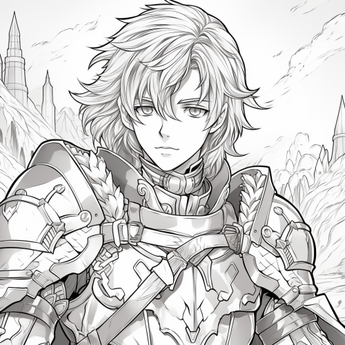 Black and white coloring page of an anime knight