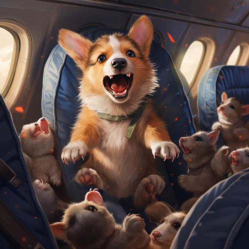 Annoyed corgi on a plane with crying babies