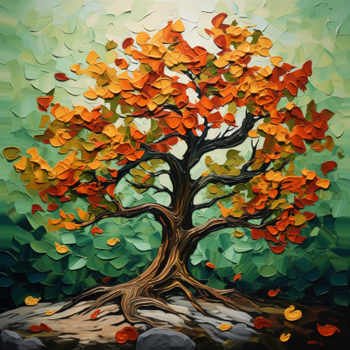 anthropomorphic tree elements in bold colors