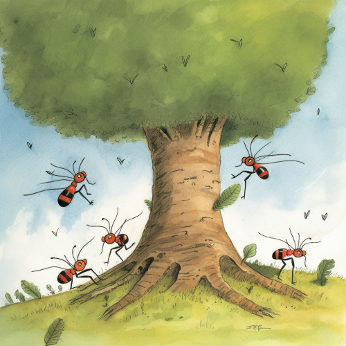 Three ants flying in a small tornado