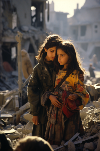 Two Arab girls fearfully embracing amidst destruction Two Arab girls fearfully embracing amidst destruction