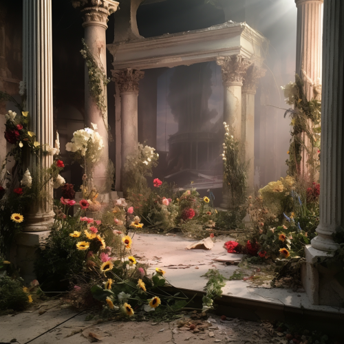 Stunning theater scene with columns and flowers