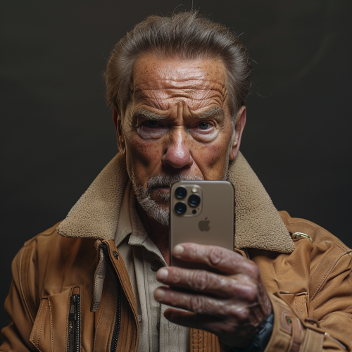 Arnold Schwarzenegger holding iPhone excitedly